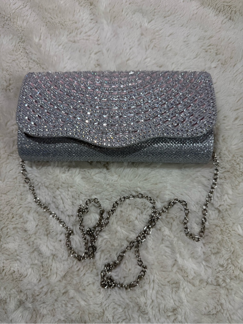 Silver Crystal Evening Clutch with Chain Strap